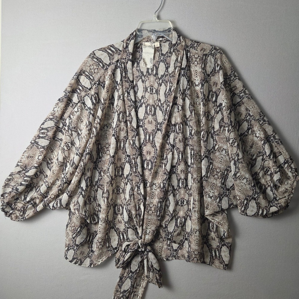 Blu Pepper Snakeskin Tie Front Kimono Cardigan Balloon Sleeve Tan Brown Small